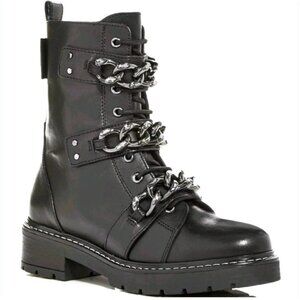 Kurt Geiger London Storm Black Leather Combat Moto Boots Chain SZ 6.5 EU 37 NEW